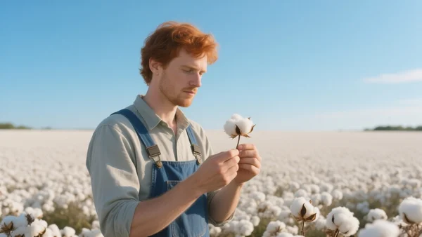 Champ de coton blanc à perte de vue sous un ciel bleu, un agriculteur en salopette examine une fleur de coton, lumière dorée de fin d'après-midi