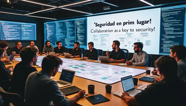 Professionnels en réunion collaborative dans un bureau moderne avec écrans de code et diagrammes.