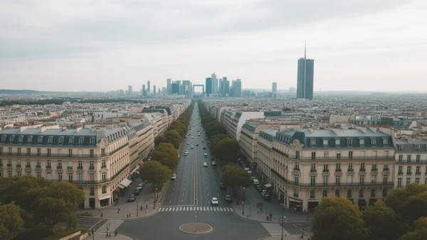 Vue aérienne du boulevard périphérique parisien séparant les immeubles haussmanniens de Paris intra-muros des tours de la banlieue, ciel nuageux, lumière du jour
