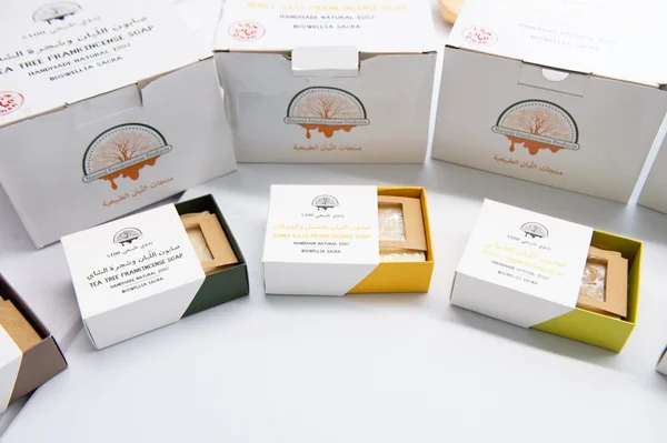 Savons à l'encens présentés lors de l'exposition « Omani Frankincense » à Genève, juillet 2023.