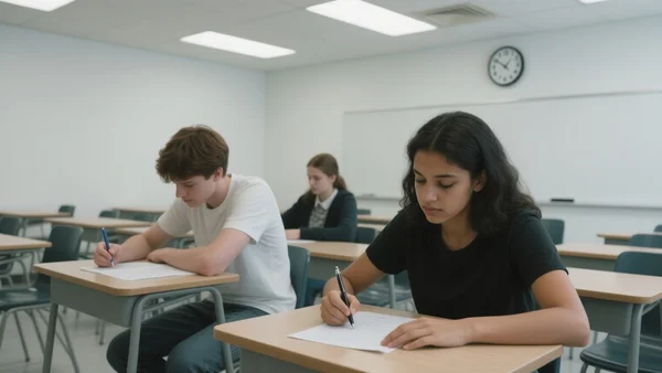 Salle d'examen silencieuse avec des rangées de lycéens concentrés sur leurs copies, lumière fluorescente, horloge murale indiquant 8h, feuilles et stylos sur les tables