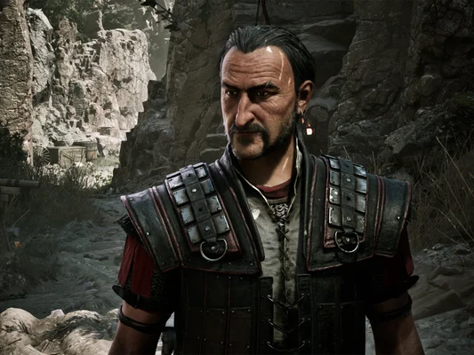 Gros plan sur un héros barbu du remake de Gothic.