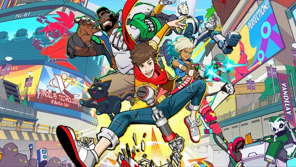Art promotionnel de Hi-Fi Rush avec les personnages du jeu en pleine action