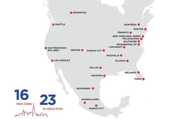 Carte des 16 villes hôtes potentielles de la Coupe du Monde 2026, sélectionnées parmi 23 candidates.