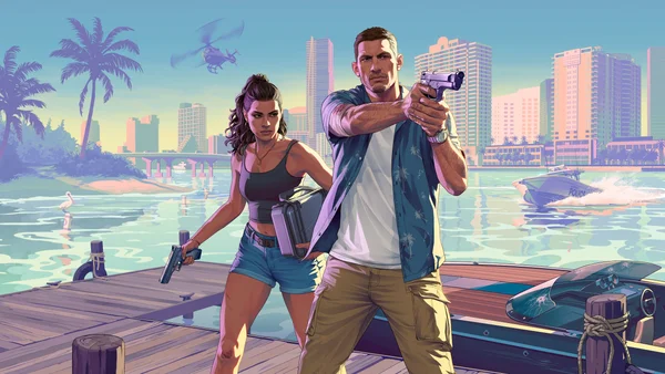 Scène de GTA VI avec deux personnages armés sur un ponton à Vice City.