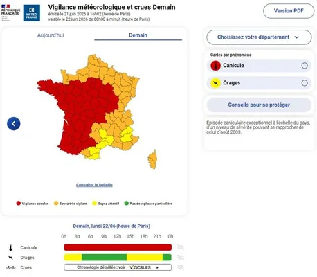 Carte de vigilance de Météo-France : alerte canicule rouge sur toute la France.
