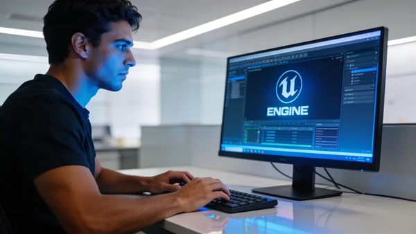 Développeur assis devant un écran d'ordinateur affichant Unreal Engine, mains sur le clavier, lumière bleutée sur le visage, ambiance de bureau moderne