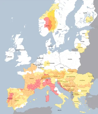 Carte de l'Europe montrant l'ampleur de la canicule touchant l'Espagne, l'Italie, la France et la Suisse.