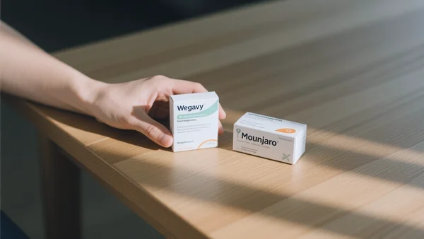 Main tenant une boîte de médicament Wegovy et une boîte de Mounjaro sur une table en bois, lumière naturelle tamisée