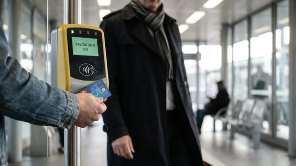 Validation réussie d'une carte bancaire sur un terminal de paiement dans un transport francilien.
