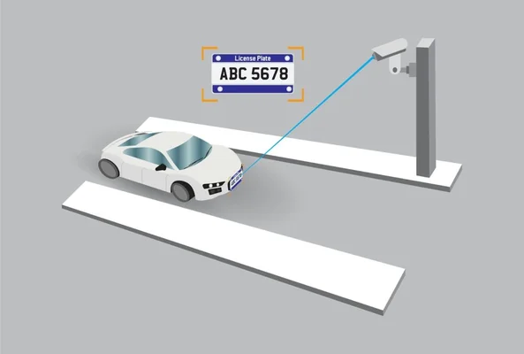 Illustration 3D d'un système ALPR scannant une plaque d'immatriculation.