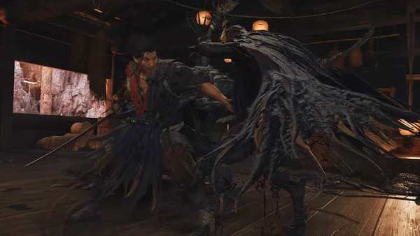 Scène de combat dans Onimusha: Way of the Sword, avec le héros affrontant un monstre ailé.