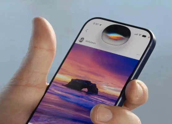 Un iPhone affichant une interface sociale avec un fond d'écran de coucher de soleil, évoquant les nouvelles fonctionnalités d'IA d'iOS 27.