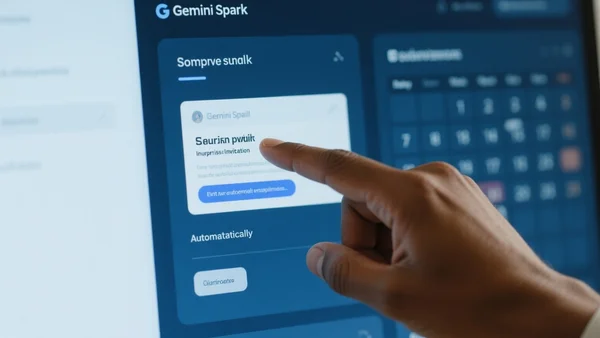 Écran d'ordinateur affichant l'interface de Gemini Spark avec des emails et un calendrier, doigt d'une personne pointant une invitation surprise envoyée automatiquement, lumière bleutée d'écran