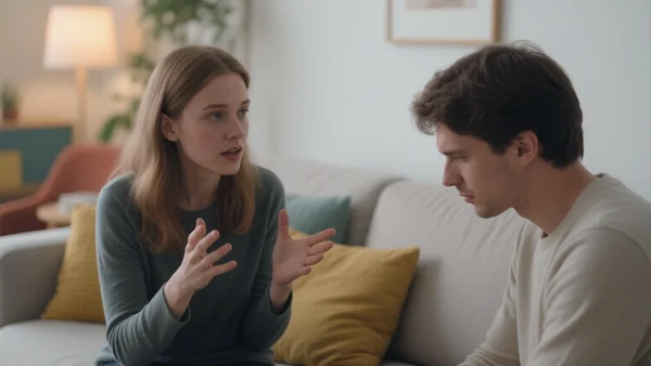 Deux personnes discutant dans un salon, l'une parle avec les mains et l'autre écoute attentivement en hochant la tête, l'ambiance est chaleureuse et complice.