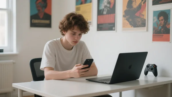 Jeune homme assis à un bureau étudiant, regardant son téléphone, une Xbox Series S à côté d'un ordinateur portable, chambre lumineuse avec posters aux murs