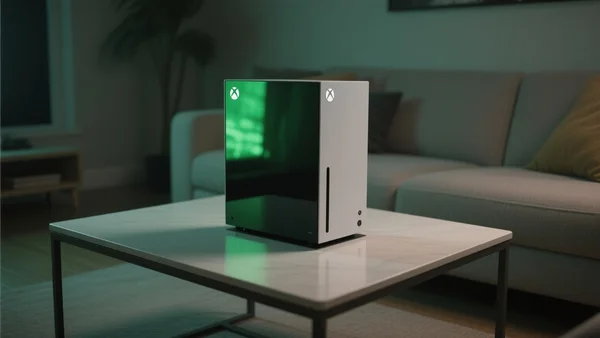 Console Xbox Series X posée sur une table basse dans un salon moderne, éclairage tamisé, reflets verts sur la façade, ambiance gaming immersive