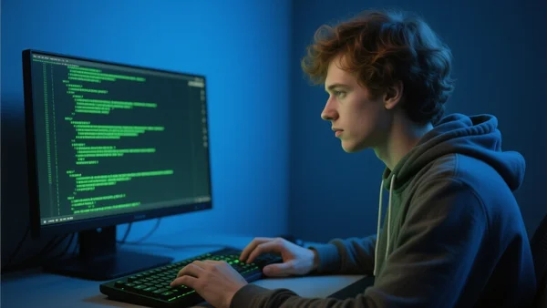 Hacker portant un sweat à capuche, mains sur un clavier, écran d'ordinateur affichant des lignes de code vertes dans une pièce sombre, éclairage bleuté