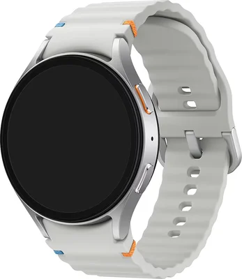 Samsung Galaxy Watch7 44mm, modèle blanc avec bracelet texturé orange, photographié en studio.