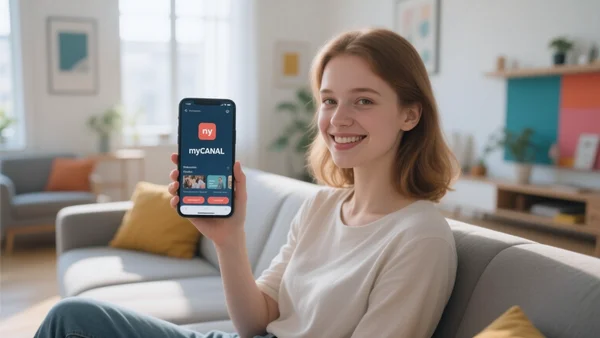 Jeune adulte souriant assis sur un canapé, smartphone à la main, affichant l'interface de l'application myCANAL, dans un salon moderne et lumineux