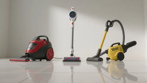 Trois aspirateurs côte à côte sur un sol carrelé : un traîneau Rowenta, un balai sans-fil Xiaomi, et un aspirateur souffleur Kärcher, vue en plan large, ambiance claire et comparative, intention de montrer les trois meilleurs choix recommandés.