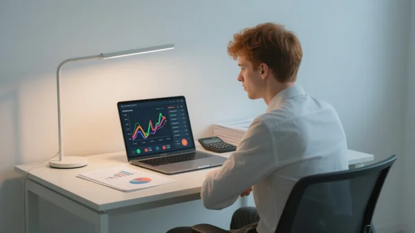 Un jeune homme assis à un bureau moderne, regardant un ordinateur portable affichant un graphique de simulation financière, une calculatrice et des documents à côté, éclairage de lampe de bureau