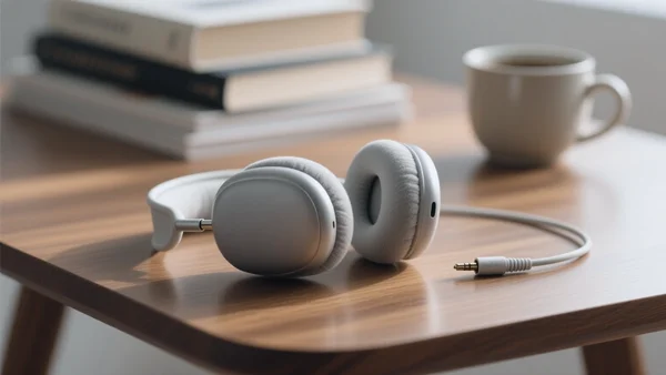 Gros plan sur un casque audio pliable posé sur une table en bois, câble jack détachable à côté, oreillettes en mousse mémoire, éclairage doux du matin, fond flou de livres et d'une tasse de café
