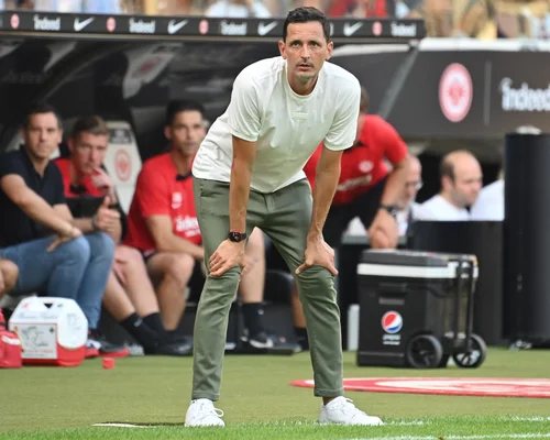 Dino Toppmöller sur le bord du terrain lors d'un match de Bundesliga.