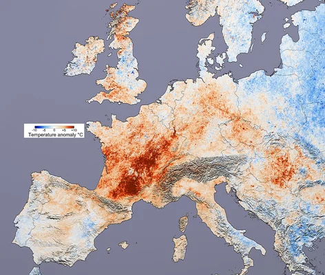 Carte des anomalies de température en Europe de l'Ouest lors de la canicule d'août 2003.