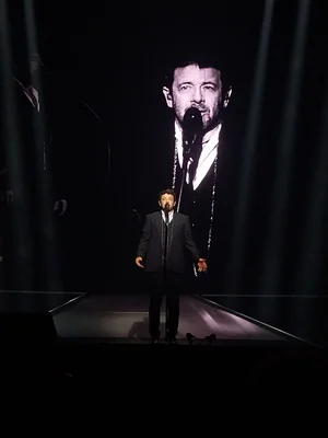 Patrick Bruel en concert, avec son visage projeté en arrière-plan.