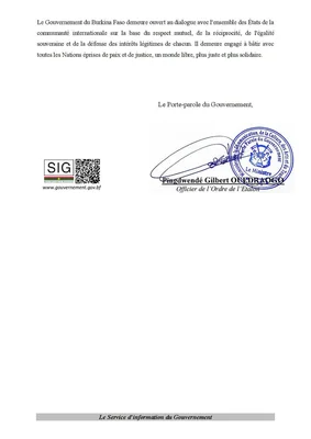 Document officiel du Burkina Faso annonçant la rupture des relations diplomatiques avec la France.