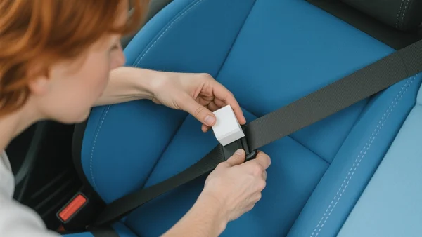 Gros plan sur un harnais de siège-auto bleu avec un petit boîtier blanc clipsé sur la sangle, main d'adulte vérifiant la fixation, vue en plongée, intention éditoriale : montrer concrètement un accessoire connecté anti-oubli comme le Cybex SensorSafe, ton informatif et rassurant