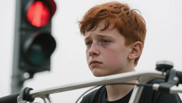 Gros plan sur le visage en sueur d'un adolescent à vélo, mèches collées sur le front, regard fatigué, arrêté à un feu rouge