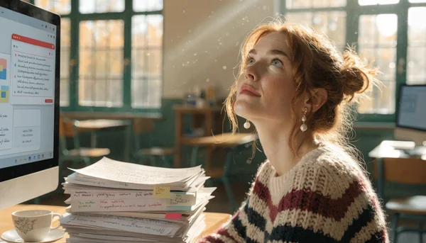 Enseignant assis à un bureau tard le soir, fatigué, une tasse de café vide à côté d'une pile de copies manuscrites, l'écran d'ordinateur affiche un correcteur IA, l'ambiance est sombre et épuisante, plan rapproché sur le visage de l'enseignant.