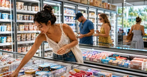 Cliente choisissant des glaces dans un supermarché pendant la canicule.
