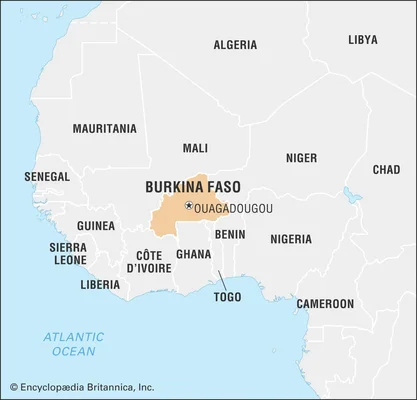 Carte de l'Afrique de l'Ouest avec le Burkina Faso en évidence.