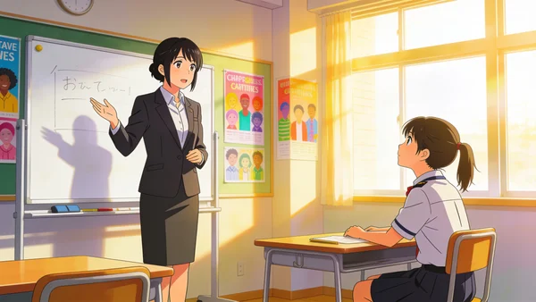 Salle de classe japonaise lumineuse avec des élèves assis à leurs pupitres, un enseignant devant un tableau blanc, affiches colorées aux murs représentant la diversité, lumière naturelle traversant les fenêtres