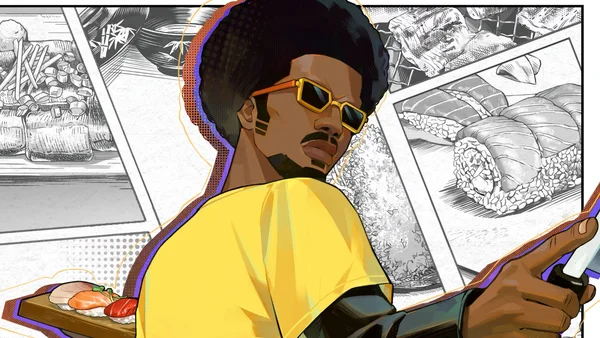 Illustration stylisée d'un homme avec une afro et des lunettes de soleil jaunes tenant un couteau, devant un fond de dessins manga noir et blanc de sushis.