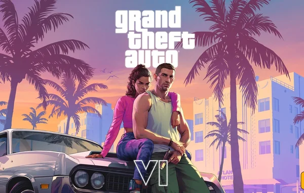 Illustration de GTA VI montrant deux personnages sur une voiture à Vice City.