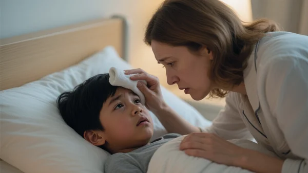 Enfant allongé sur un lit, visage rouge, une mère posant une serviette humide sur son front, regard inquiet de la mère, scène intérieure dans une chambre mal ventilée