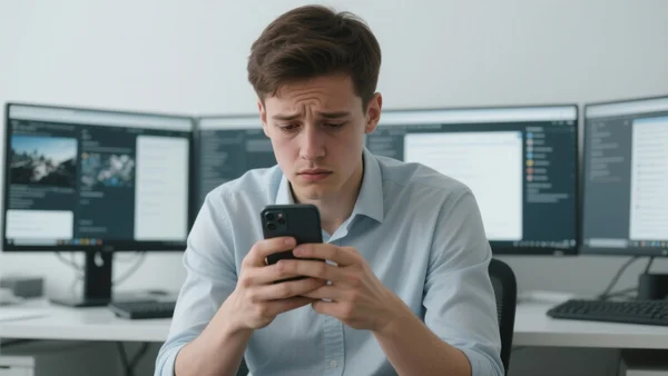 Portrait en gros plan d'un jeune salarié, la vingtaine, assis à son bureau, le visage fatigué, les yeux rivés sur son smartphone qu'il tient à la main, entouré de multiples fenêtres ouvertes sur son ordinateur. L'image montre la pression de la réactivité constante et la fragmentation de l'attention chez les moins de 35 ans, avec une expression de stress et de surcharge mentale.