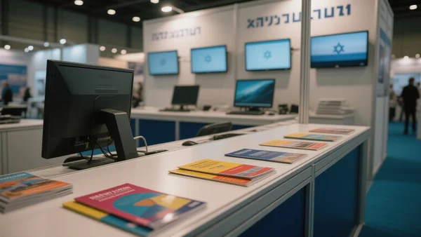 Premier plan d'un stand d'entreprise israélienne de défense vide, avec des brochures et écrans éteints, éclairage tamisé de hall d'exposition