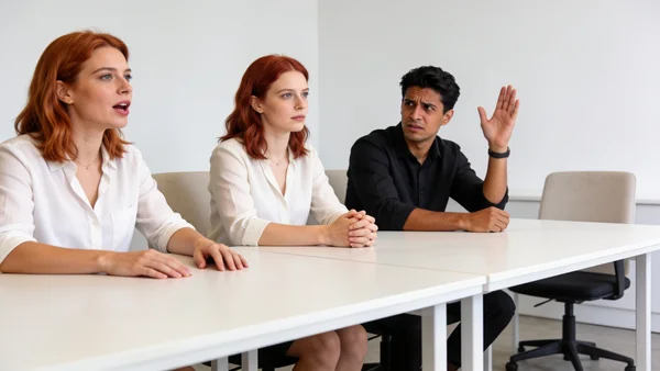 Deux femmes en réunion autour d'une table, l'une parlant avec assurance tandis qu'un collègue l'interrompt la main levée, expression de frustration sur son visage, éclairage de bureau neutre