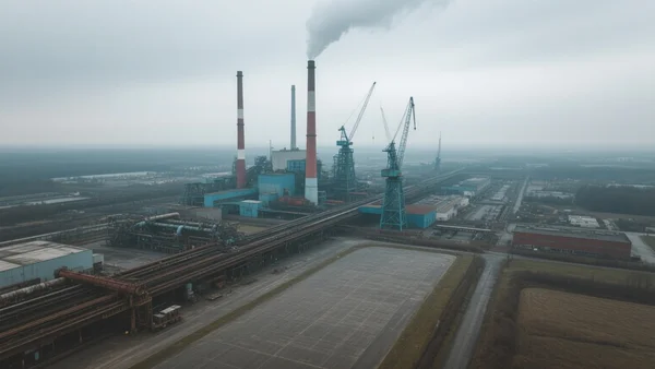 Vue aérienne d'une vaste zone industrielle allemande avec des cheminées d'usine et des grues, ciel gris et nuageux, ambiance de déclin économique