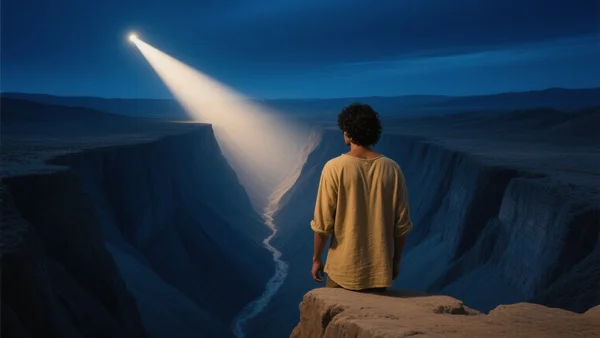 Graphique simple d'une courbe descendante en forme de V, intitulée 'Vallée de la Mort', fond bleu sombre, éclairage dramatique de projecteur