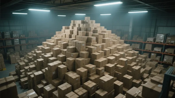 Montagne de colis en carton entassés dans un entrepôt logistique, lumière blafarde d'un néon au plafond, vue plongeante