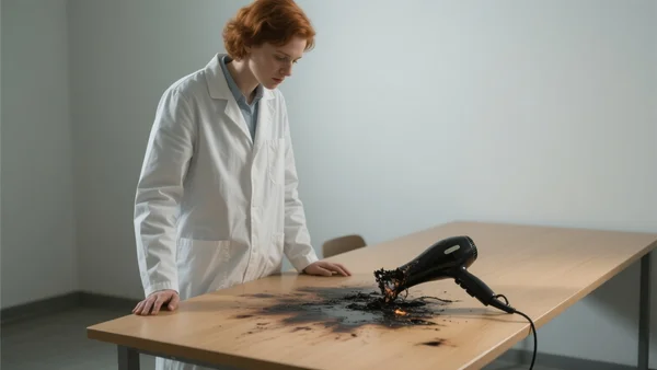 Sèche-cheveux noir calciné et fondu sur une table en bois, fils électriques dénudés, traces de brûlure sur la surface, éclairage cru de laboratoire