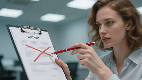 Gros plan sur un contrat de location, stylo rouge barrant une clause, doigt pointant le texte en petits caractères, éclairage de bureau