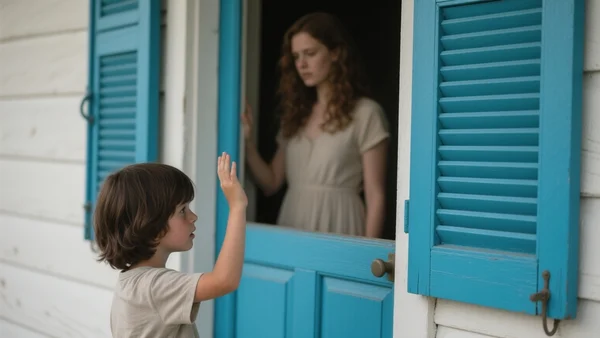Un enfant debout devant une vieille maison de vacances aux volets bleus, une silhouette féminine floue se tient dans l'encadrement de la porte, vue de trois quarts, atmosphère mystérieuse et émouvante, l'enfant semble hésiter à entrer