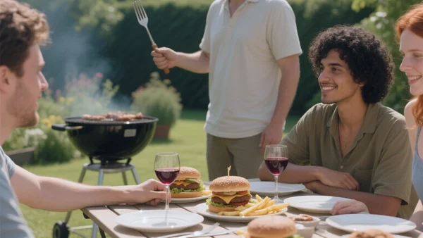 Burger maison et frites sur une table de jardin, avec un verre de bordeaux rouge, ambiance barbecue entre amis en été